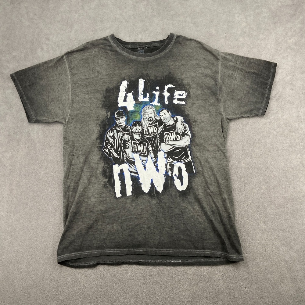 nWo 4 Life T Shirt Mens Large Black WWE Authentic Wrestling Vintage Wash Graphic